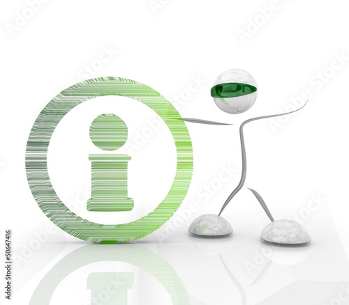 Information icon with a futuristic character on a white backgrou