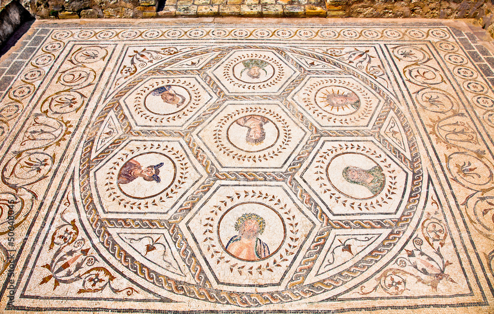 Mosaic floor in the House of the Planetarium. Roman city of Ital