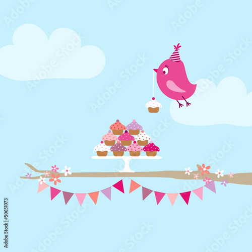 Flying Pink Bird 10 Cupcakes Festoons Tree Sky