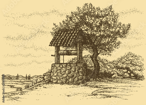 Vector landscape. Old well in the shade of tree on the hill