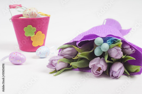 Easter eggs with bucket and tulips