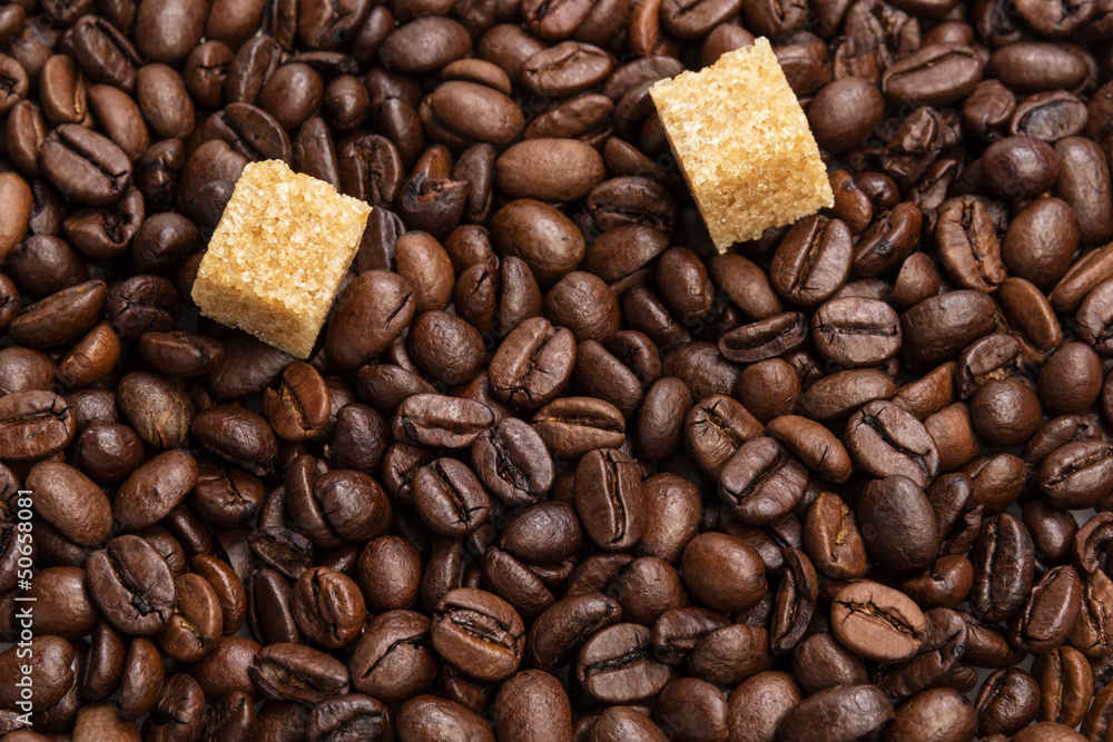 Fototapeta premium heap of coffee beans with cane-sugar