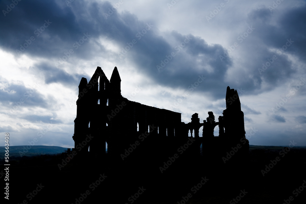 Silhouette of  Whitby Abbey with Moody Sky