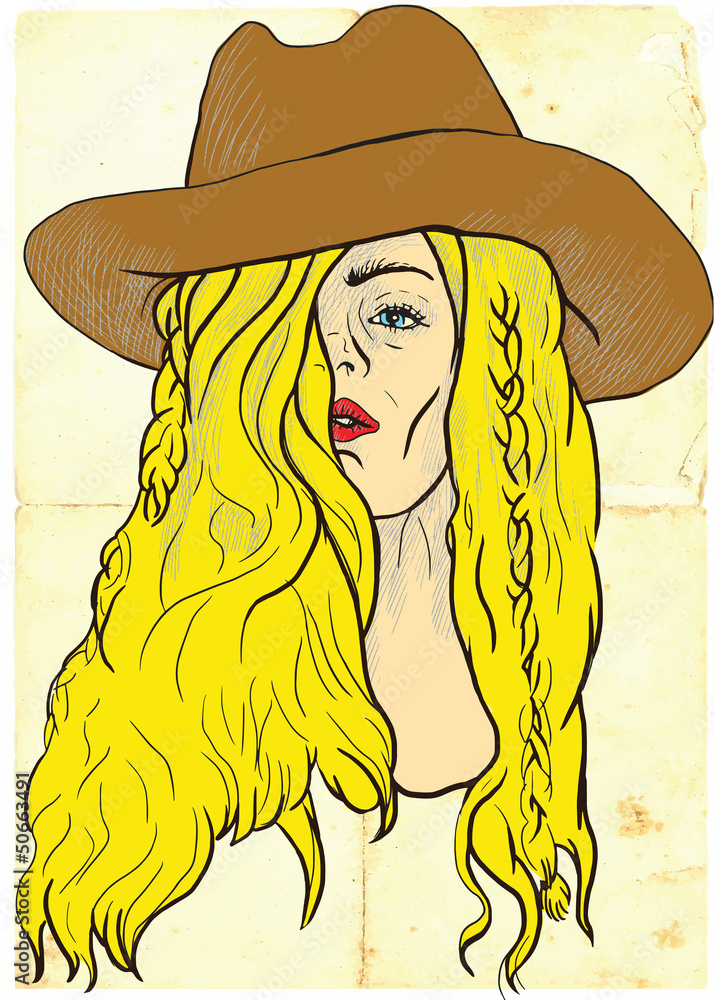 An hand drawn illustration of young woman in big An hand drawn illustration of young woman in big