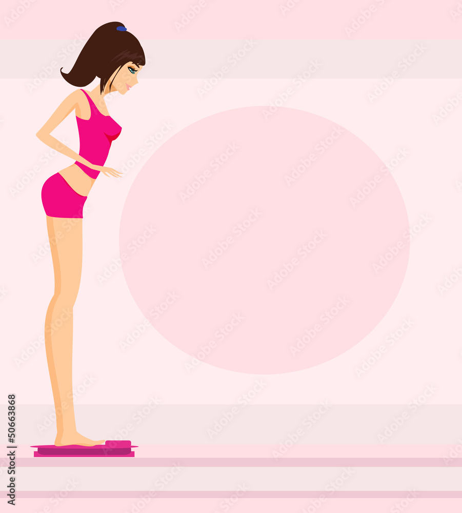 beautiful slim brunette checking her weight on scales beautiful slim brunette checking her weight on scales