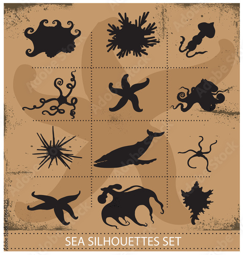 Sea animals silhouettes underwater symbols set