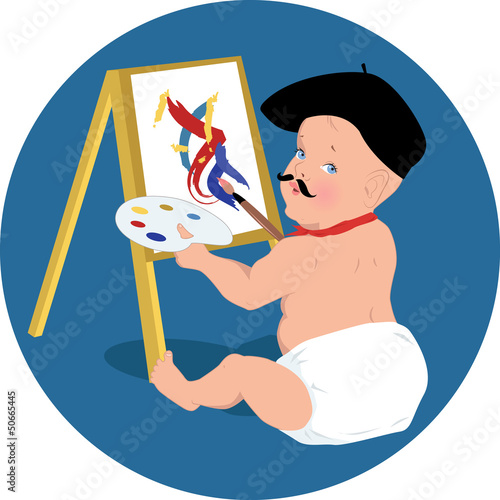 Funny baby painter in beret and with mustache
