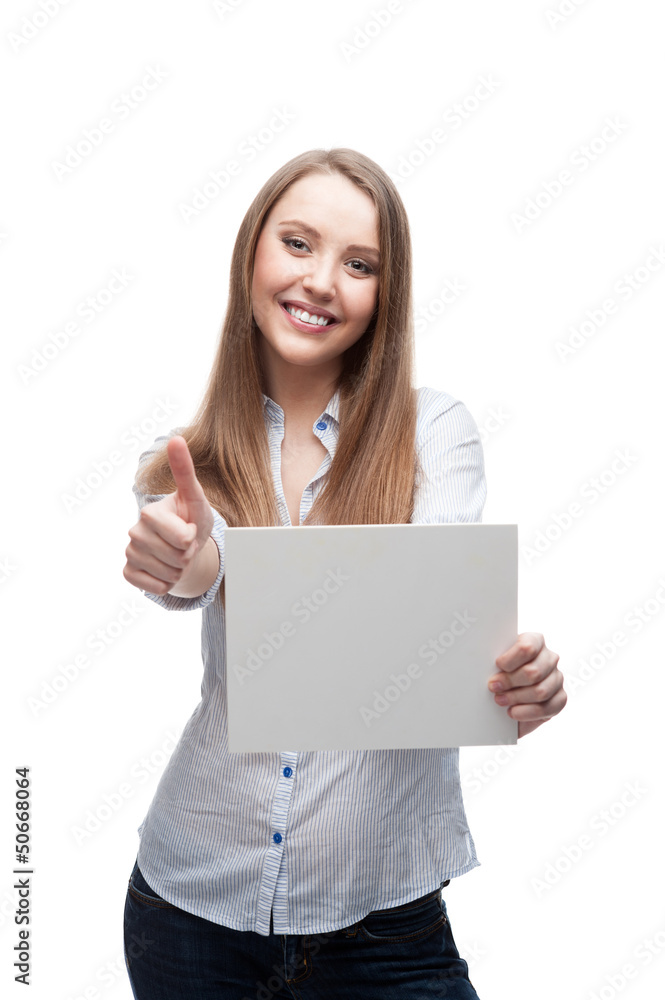 businesswoman holding sign