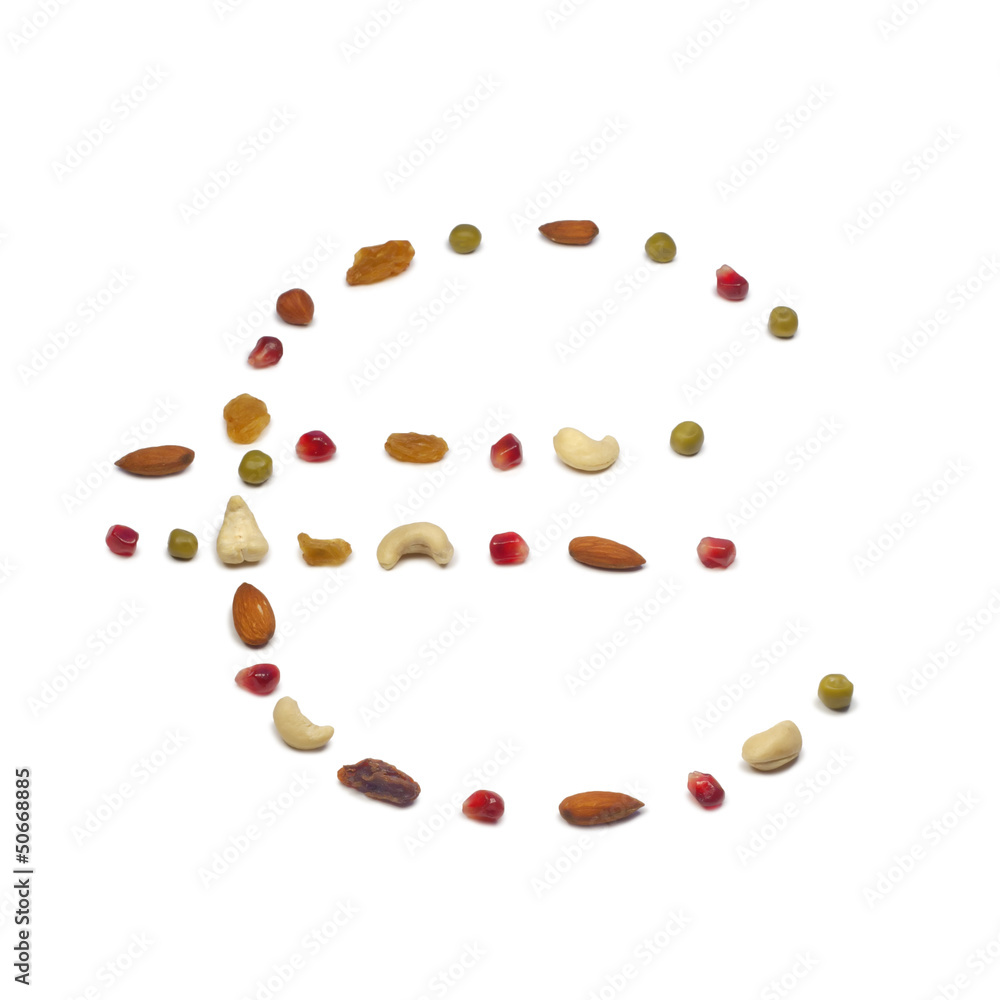 Euro sign made as a fruit, nut and vegetable lay out Euro sign made as a fruit, nut and vegetable lay out