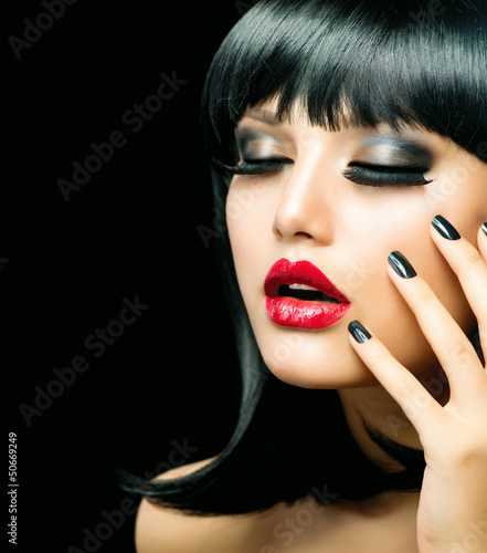 Fashion Girl Closeup. Red Lips And Black Nails