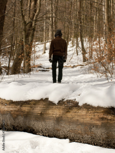 Lone man walking away in distance behind fallen tree trunk. © Haze