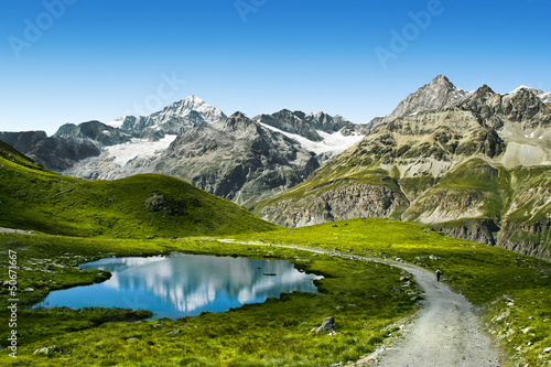 Amazing view of touristic trail near the Matterhorn in the Alps