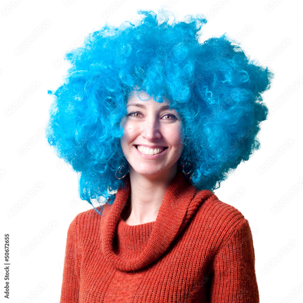 beautiful girl with curly blue wig and turtleneck beautiful girl with curly blue wig and turtleneck