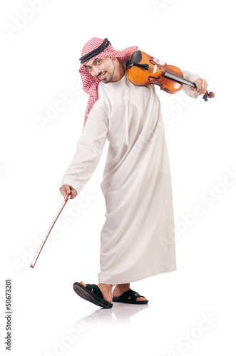 Arab man playing violin isolated on white