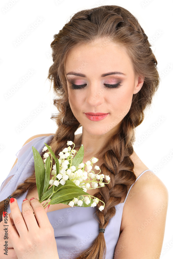 Young woman with beautiful hairstyle and flowers, isolated Young woman with beautiful hairstyle and flowers, isolated
