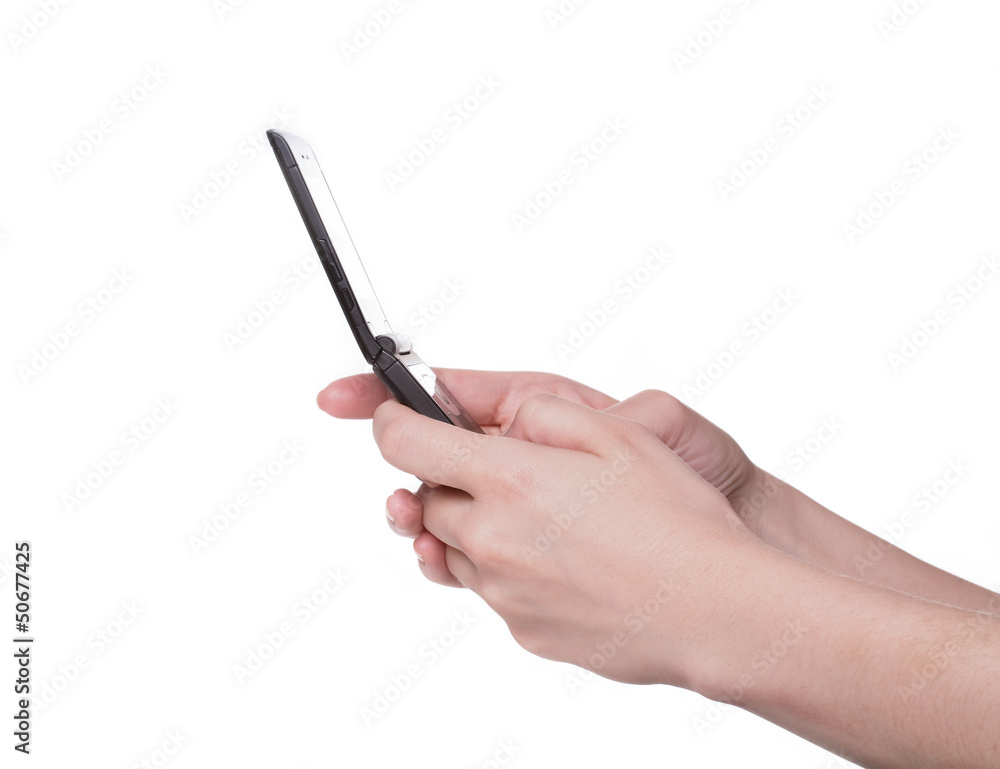 Cell phone in hands on white background Cell phone in hands on white background