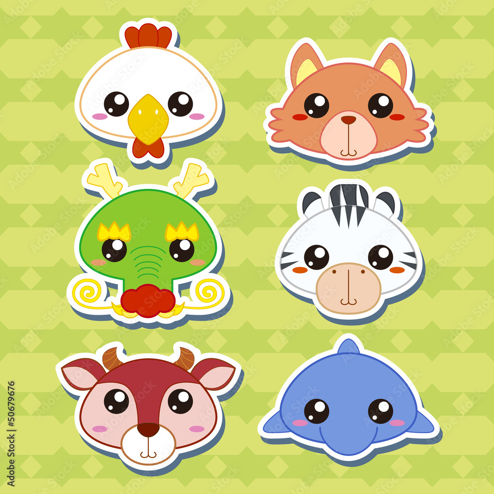 Six Cute Cartoon Animal Head Stickers Six Cute Cartoon Animal Head Stickers