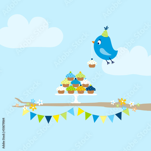 Flying Blue Bird 10 Cupcakes Festoons Tree Sky