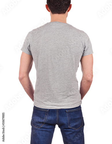 back view of young man wearing blank gray t-shirt