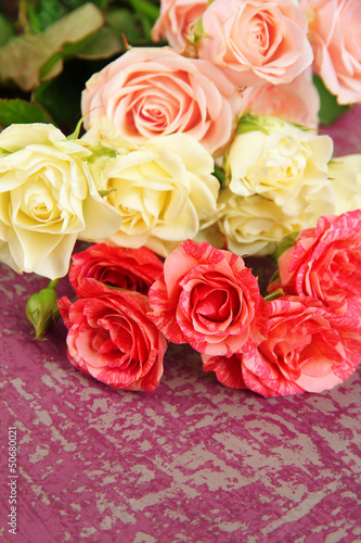 Beautiful colorful roses close-up  on color background