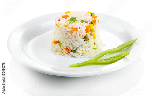 Delicious risotto with vegetables, isolated on white