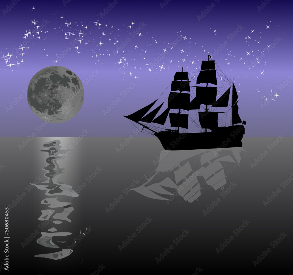 Naklejka premium sailer and moon reflections
