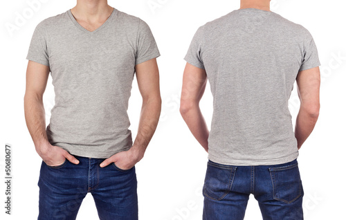 Front and back view of young man wearing blank gray t-shirt