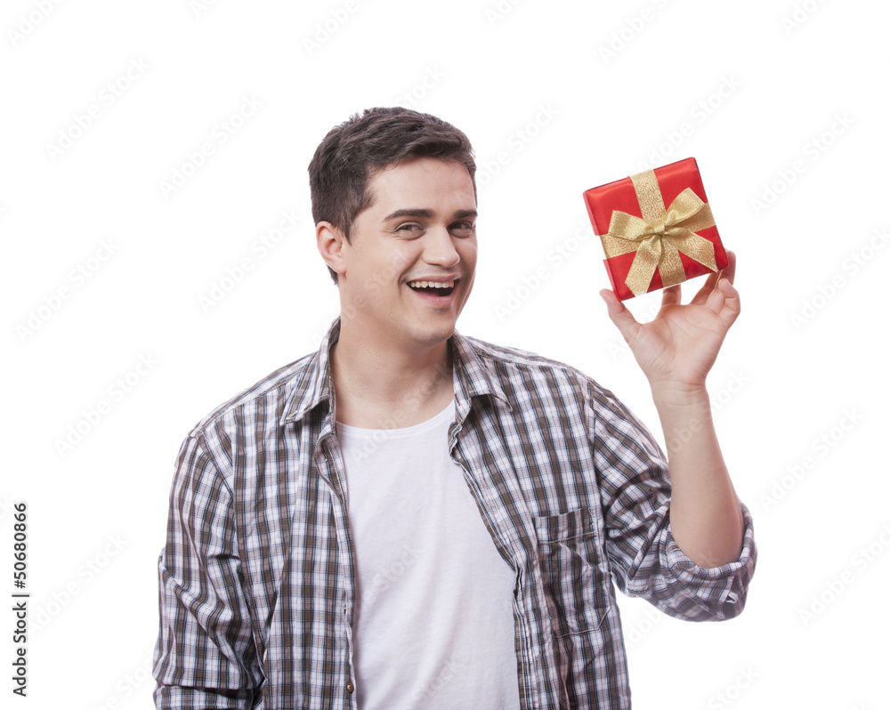 A man holding present box on white background. A man holding present box on white background.