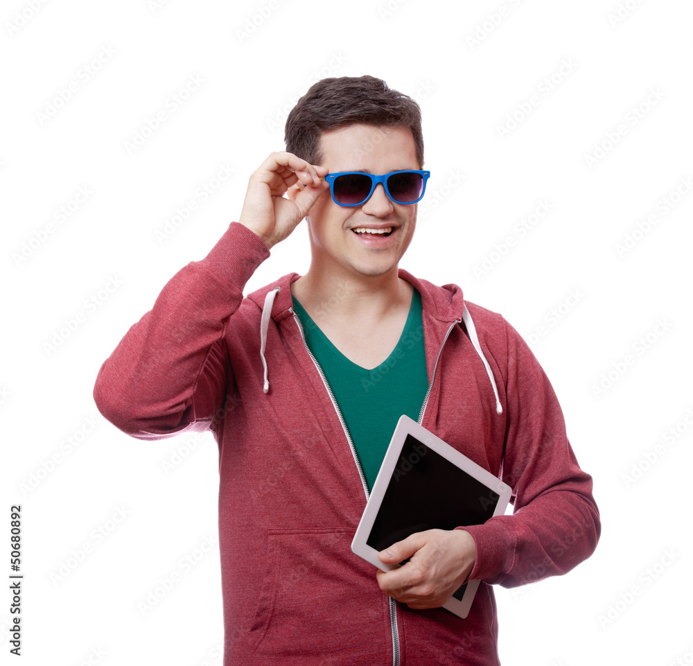 Smiling student in sunglasses with tablet