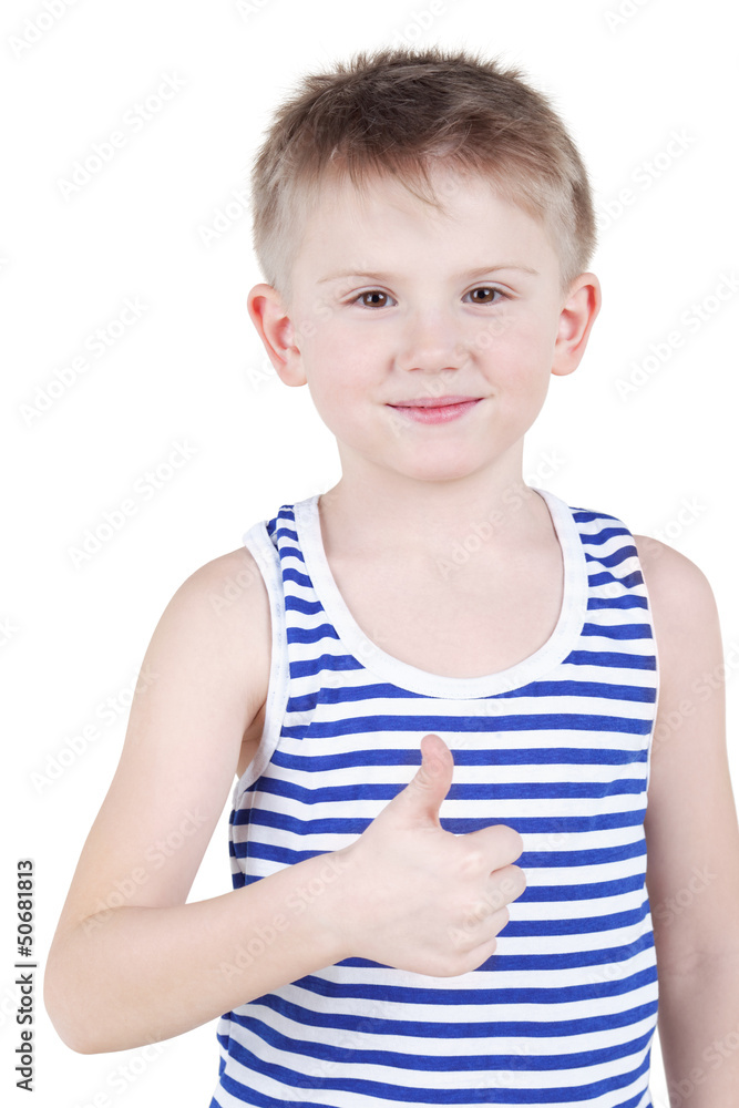 Smiling little boy in striped singlet gives thumb up Smiling little boy in striped singlet gives thumb up