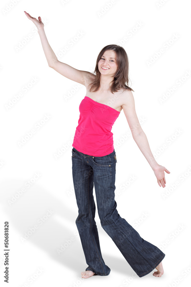 Dancing barefooted young woman in blue jeans and red blouse Dancing barefooted young woman in blue jeans and red blouse