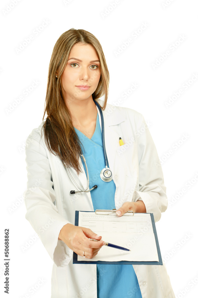 A female doctor with a folder , isolated on white background A female doctor with a folder , isolated on white background