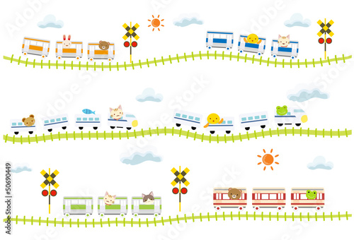 子供向け可愛い踏切のある線路を走る動物電車