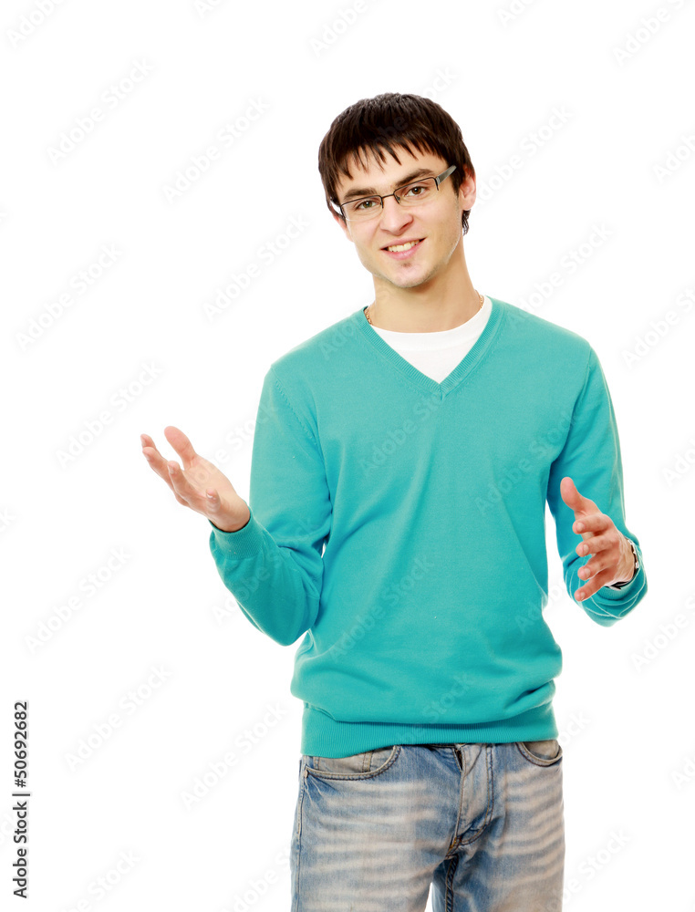 A young man wearing glasses, isolated on a white background