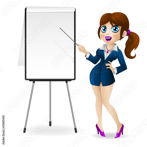 Business woman points to the flip chart