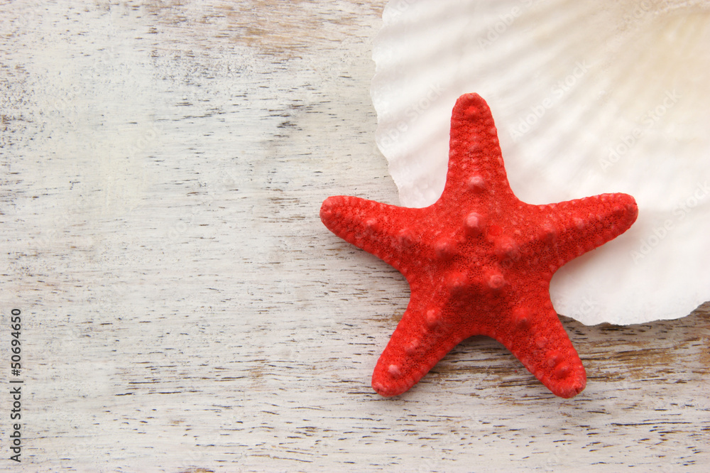 Red Starfish on wood with copy space Red Starfish on wood with copy space