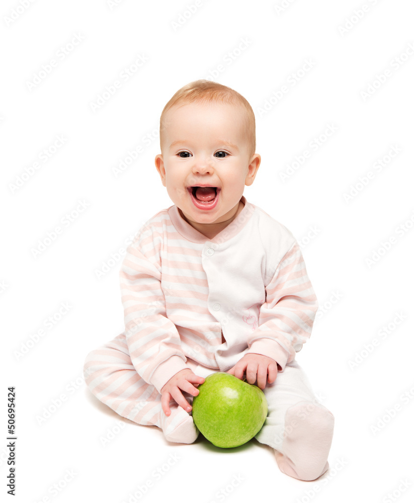 cute happy baby with fruit green apple isolated cute happy baby with fruit green apple isolated