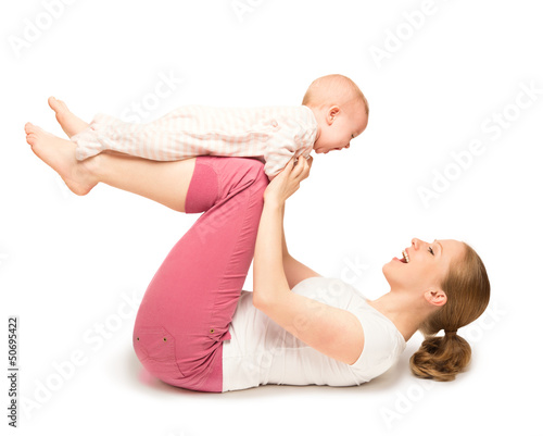 mother and baby gymnastics, yoga exercises isolated photo