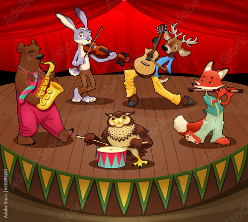 Musician animals on stage.