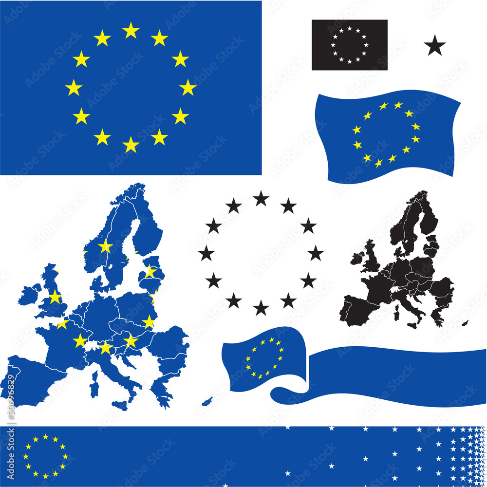 EU flag. European union countries map.