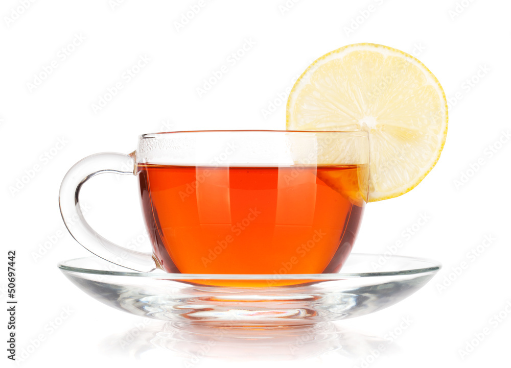 Glass cup of black tea with lemon slice Glass cup of black tea with lemon slice