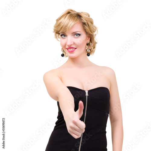 Image of attractive blonde woman showing thumbsup