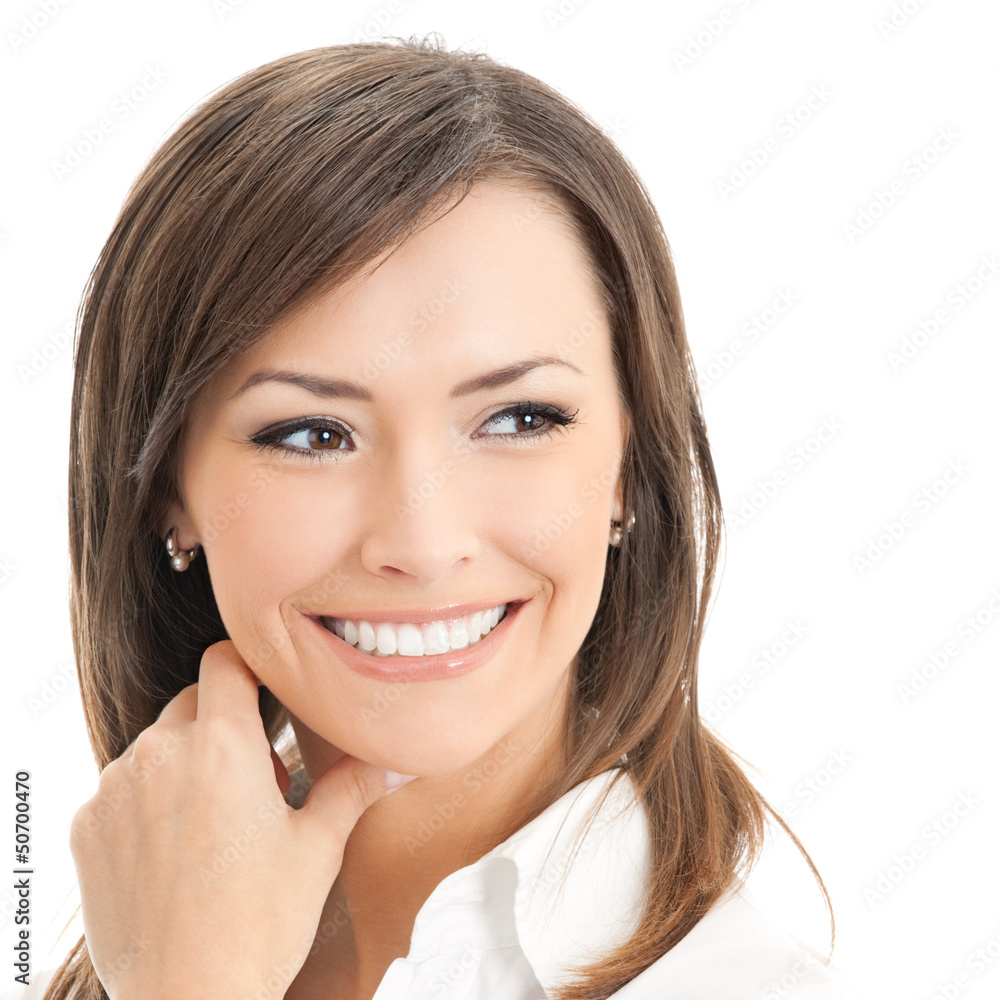 Portrait of happy smiling thinking businesswoman Portrait of happy smiling thinking businesswoman