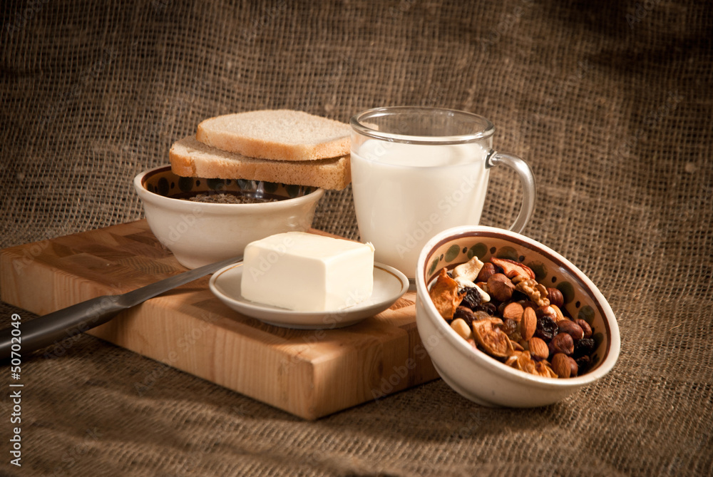 healthy meal with bread,milk and cereals healthy meal with bread,milk and cereals
