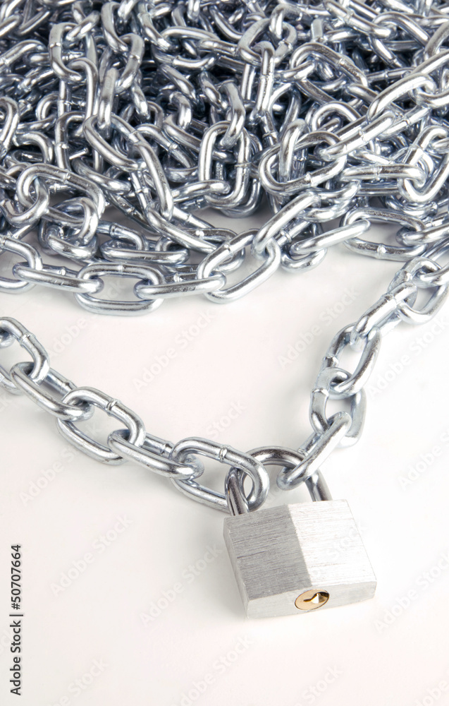 Link Chain Connected By Keyed Steel Locking Padlock on White Link Chain Connected By Keyed Steel Locking Padlock on White