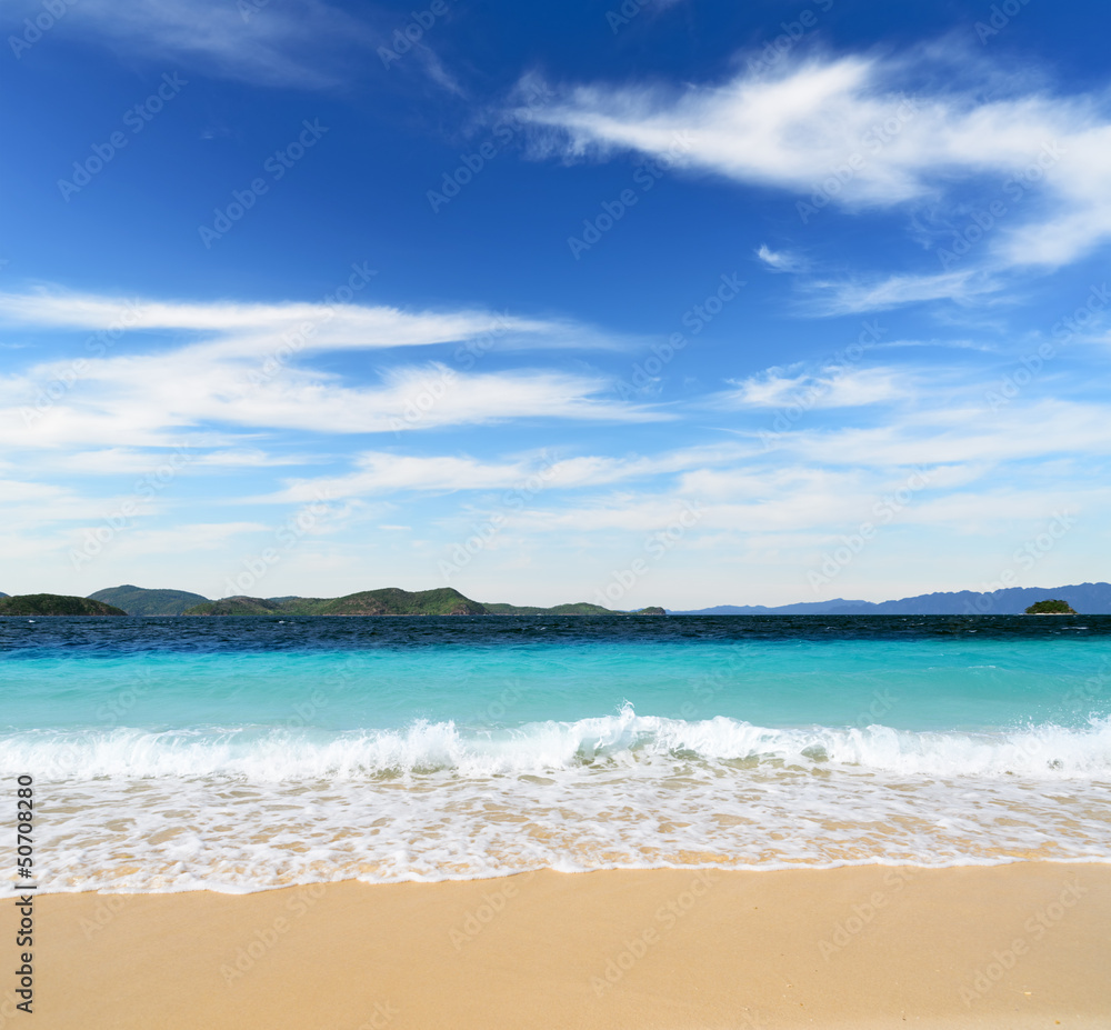 White sand beach and blue sky