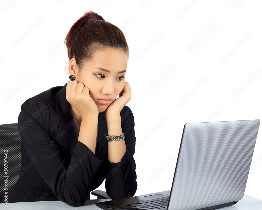 Isolated young business woman with unhappy expression on white. Isolated young business woman with unhappy expression on white.