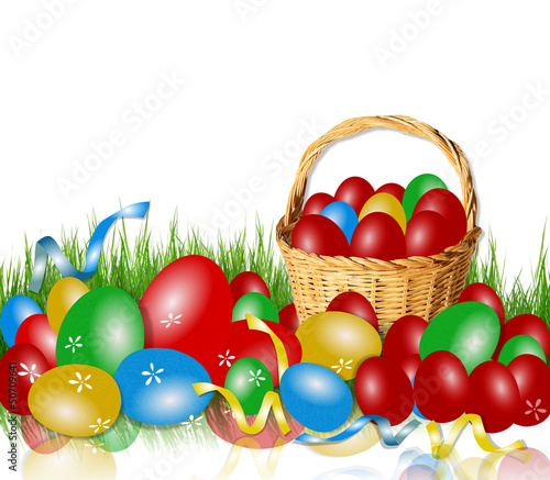 easter strawn basket red eggs strawn grass ribbons photo