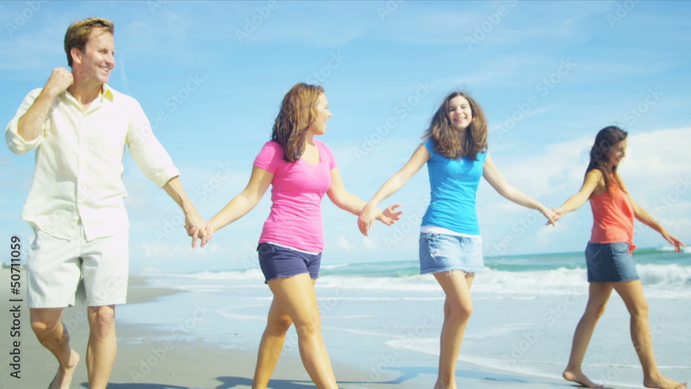 Happy Caucasian Family Group Walking Beach Happy Caucasian Family Group Walking Beach