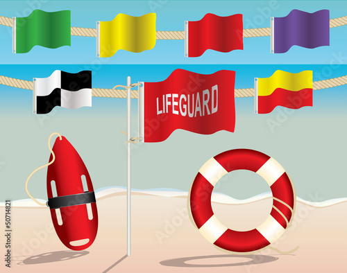 Lifeguard Equipment and Warning Flags on the Beach